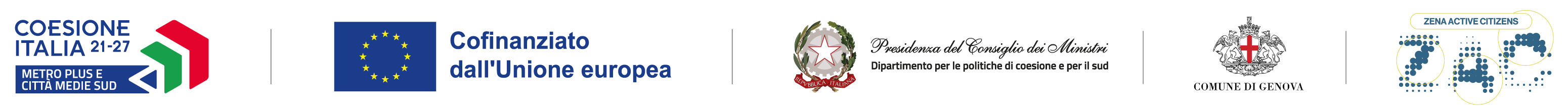 Progetto cofinanziato dall'Unione Europea, PN Metro Plus e Città Medie Sud 2021-2027, Presidenza del Consiglio dei Ministri, Comune di Genova, Zena Active Citizens